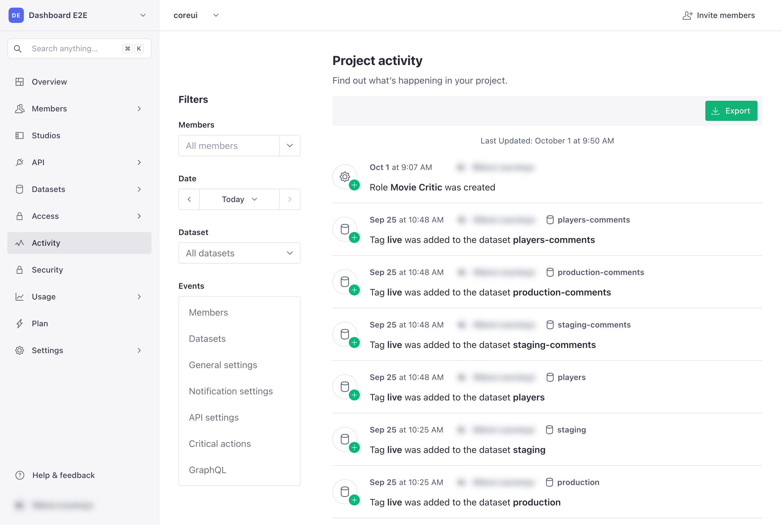 The Project activity page in sanity.io/manage, with Activity selected in the sidebar, filters on the left, and the Export button above the event list.