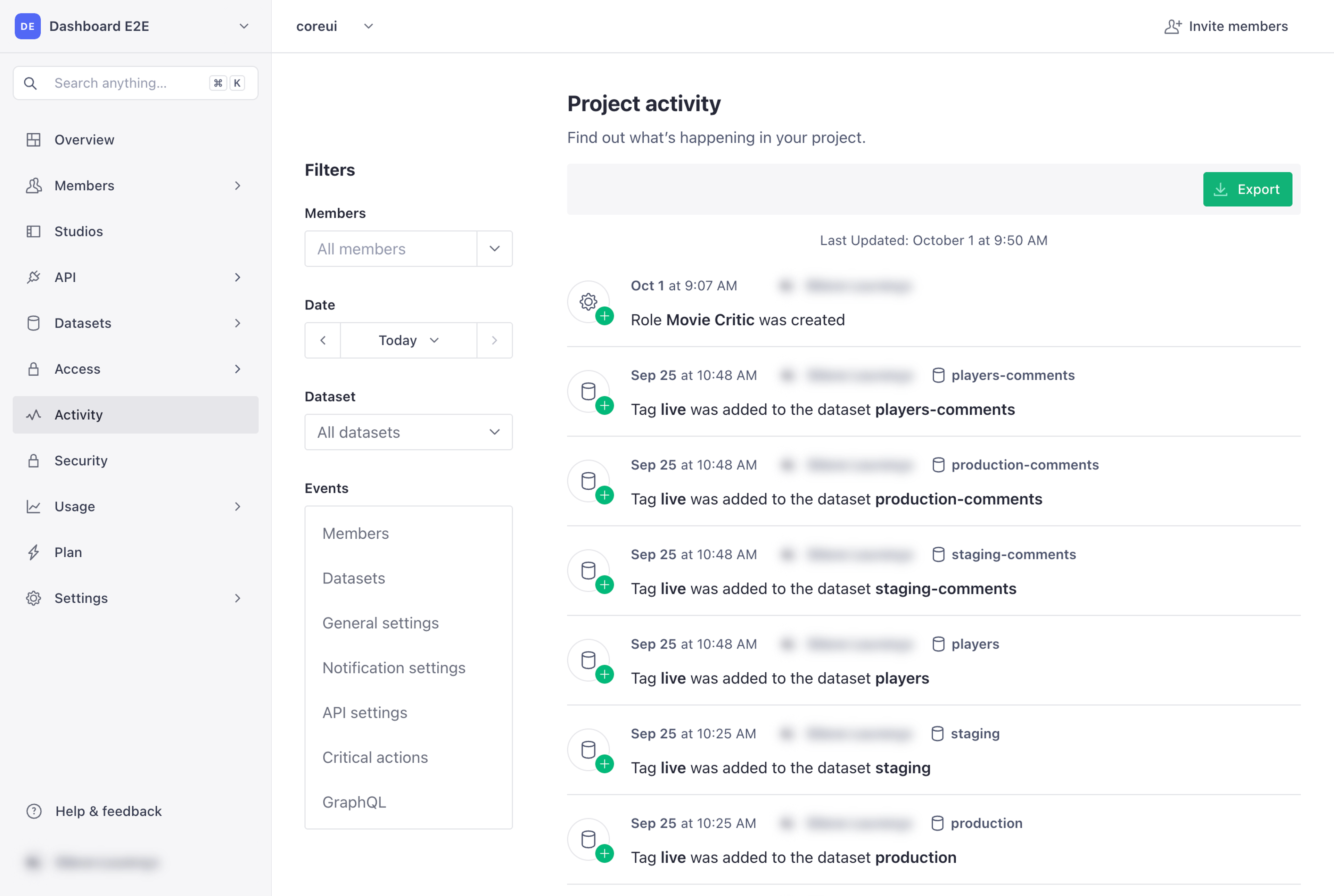 The Project activity page in sanity.io/manage, with Activity selected in the sidebar, filters on the left, and the Export button above the event list.