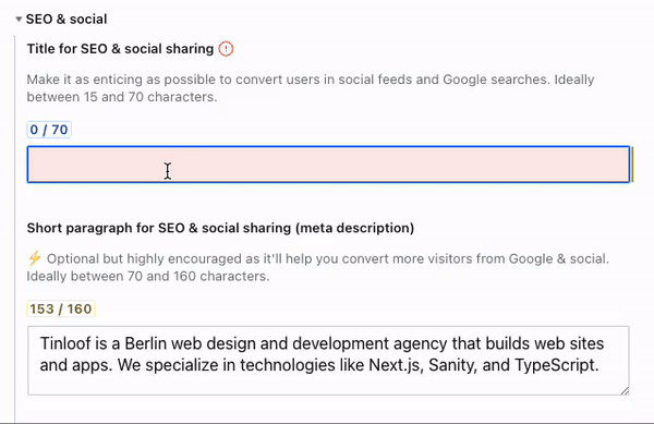 Video showing how to insert title and meta descriptions on the Sanity Studio.