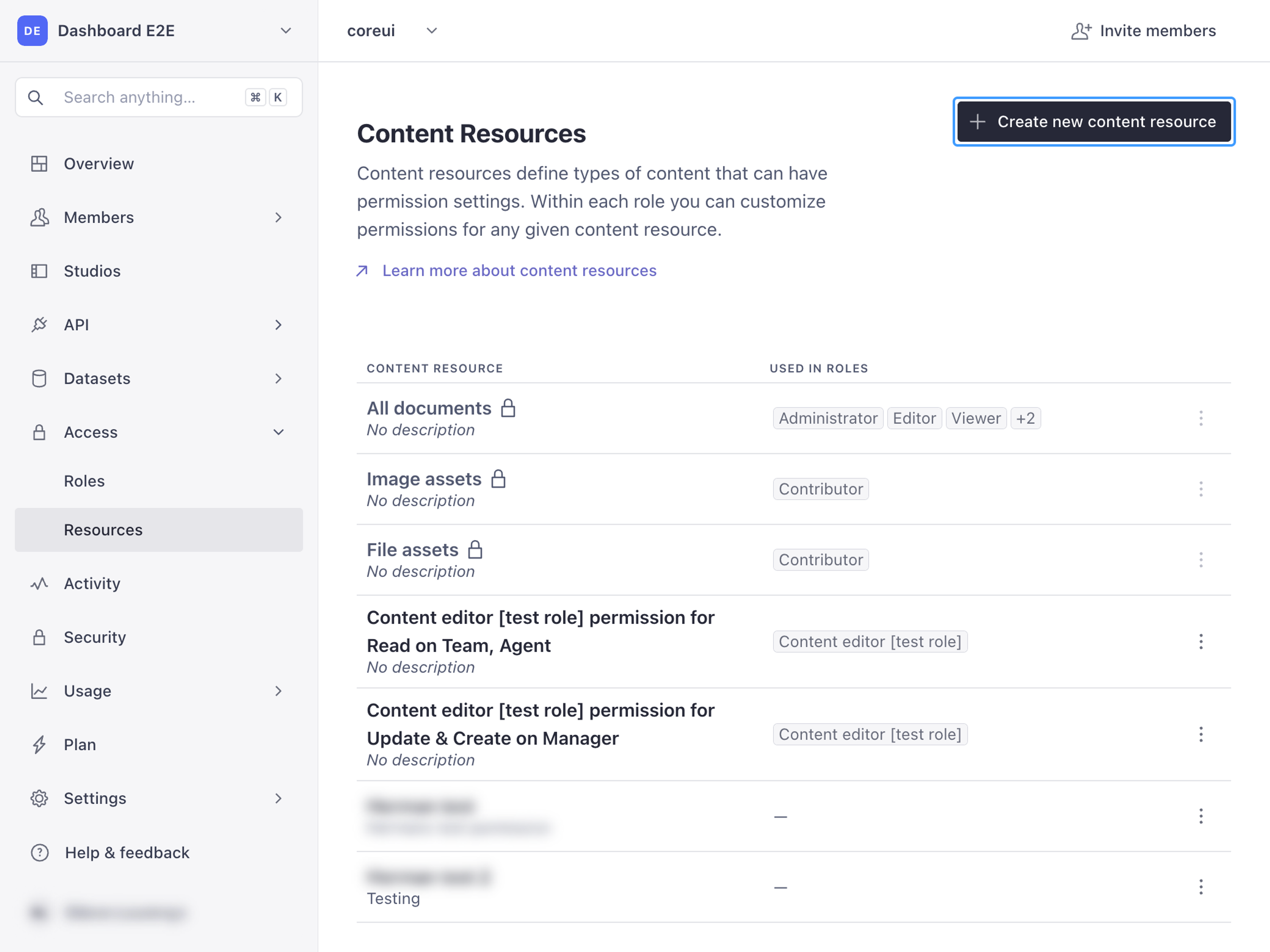 The Content Resources page in Sanity Manage, with Access › Resources selected in the sidebar and the Create new content resource button highlighted.