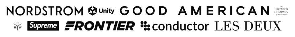 A collection of brand logos including Nordstrom, Unity, Good American, Brocker Company of New York, an abstract symbol, Supreme, Frontier, Conductor, and Les Deux.