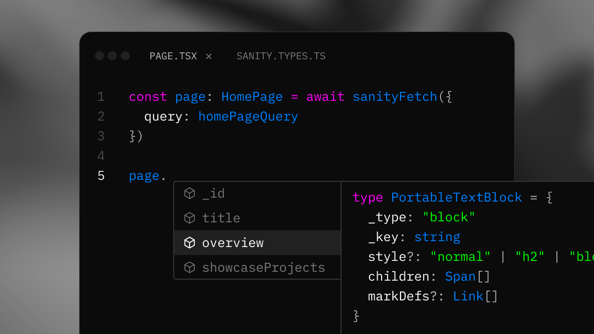 TypeScript code in an editor, showing autocomplete suggestions for `page` properties and a type definition for `PortableTextBlock`.
