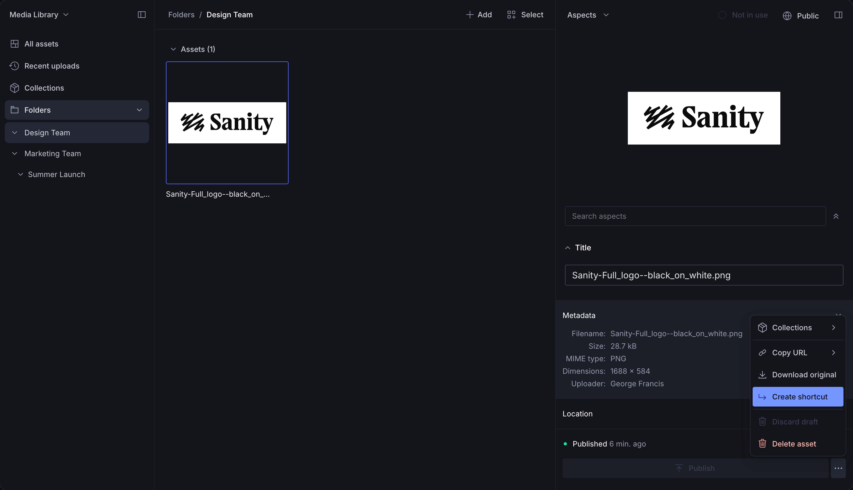 A screenshot of a Sanity Studio media library in dark mode, showing the Sanity logo selected with its details and preview.