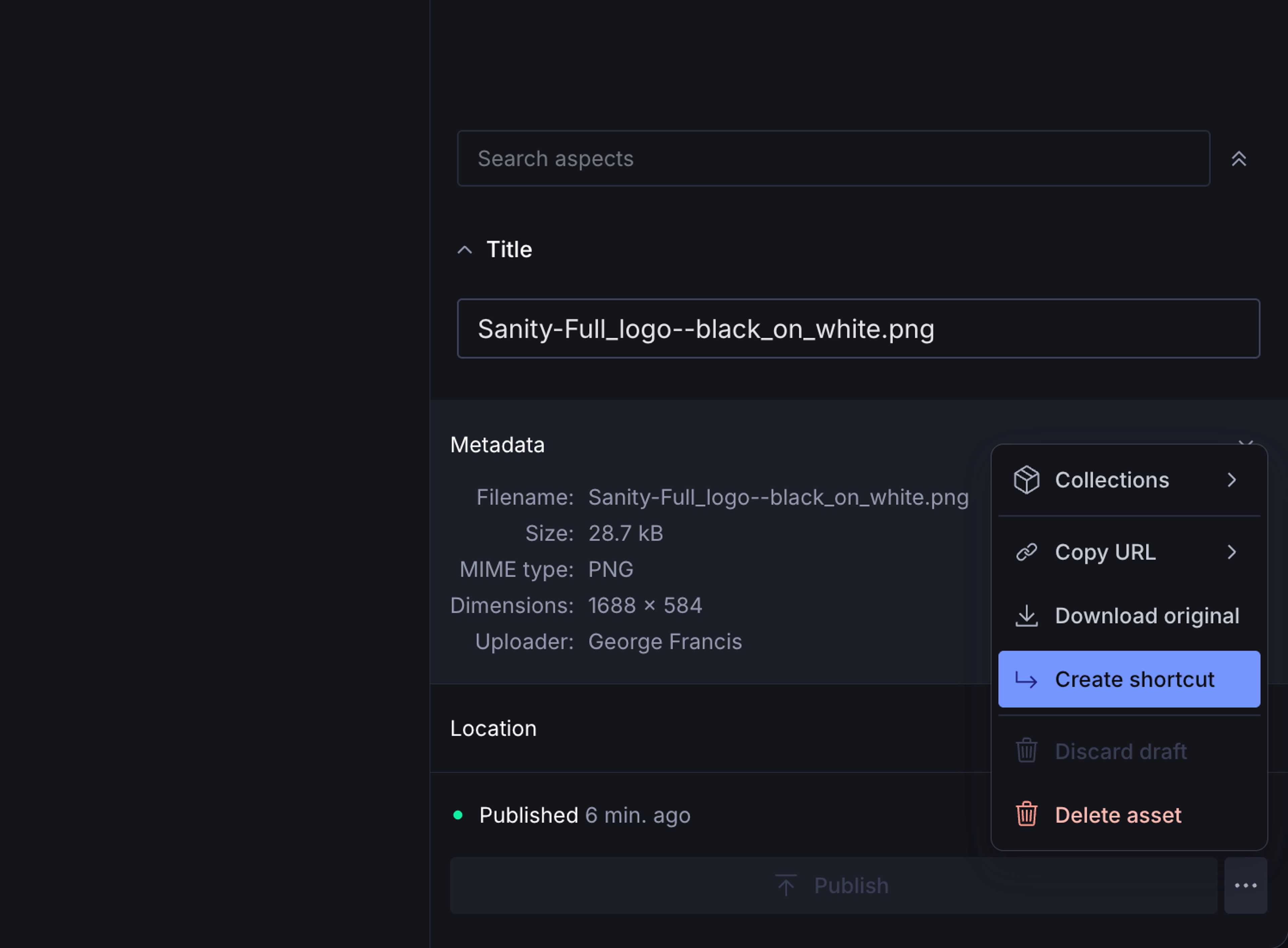 A screenshot of a Sanity Studio media library in dark mode, showing the Sanity logo selected with its details and preview.