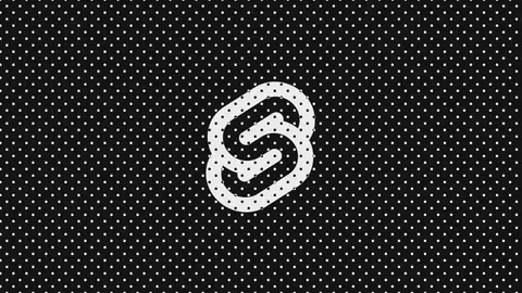 White polka-dotted logo of intertwined S-shapes on a black polka-dotted background.