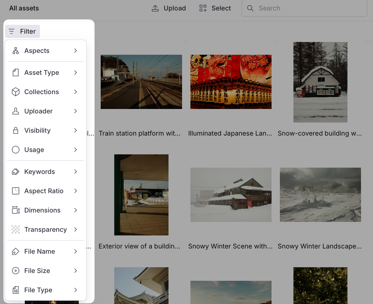 The filter menu open over the Media Library asset list