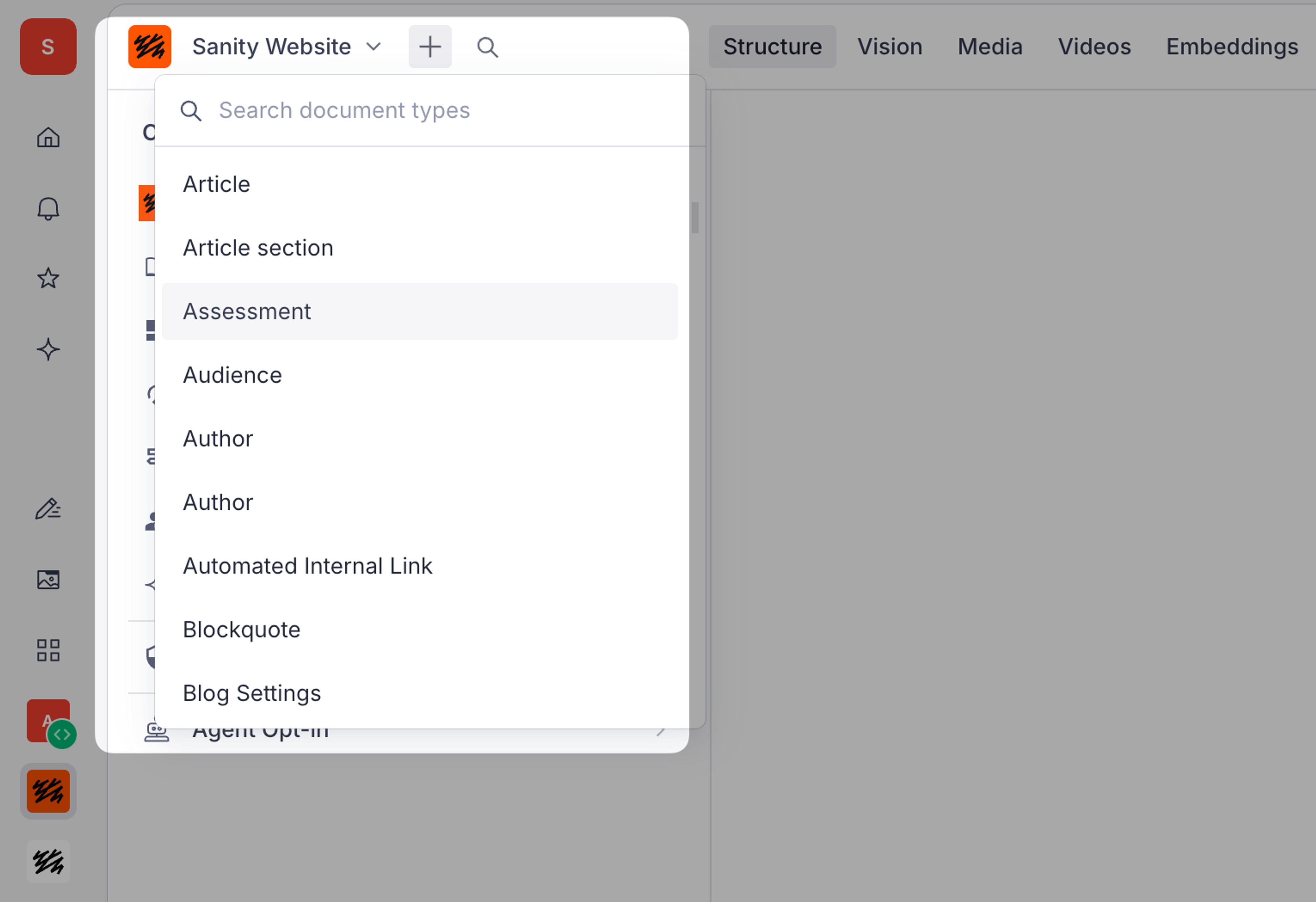 A dropdown menu from the "new document" button displays a list of document types