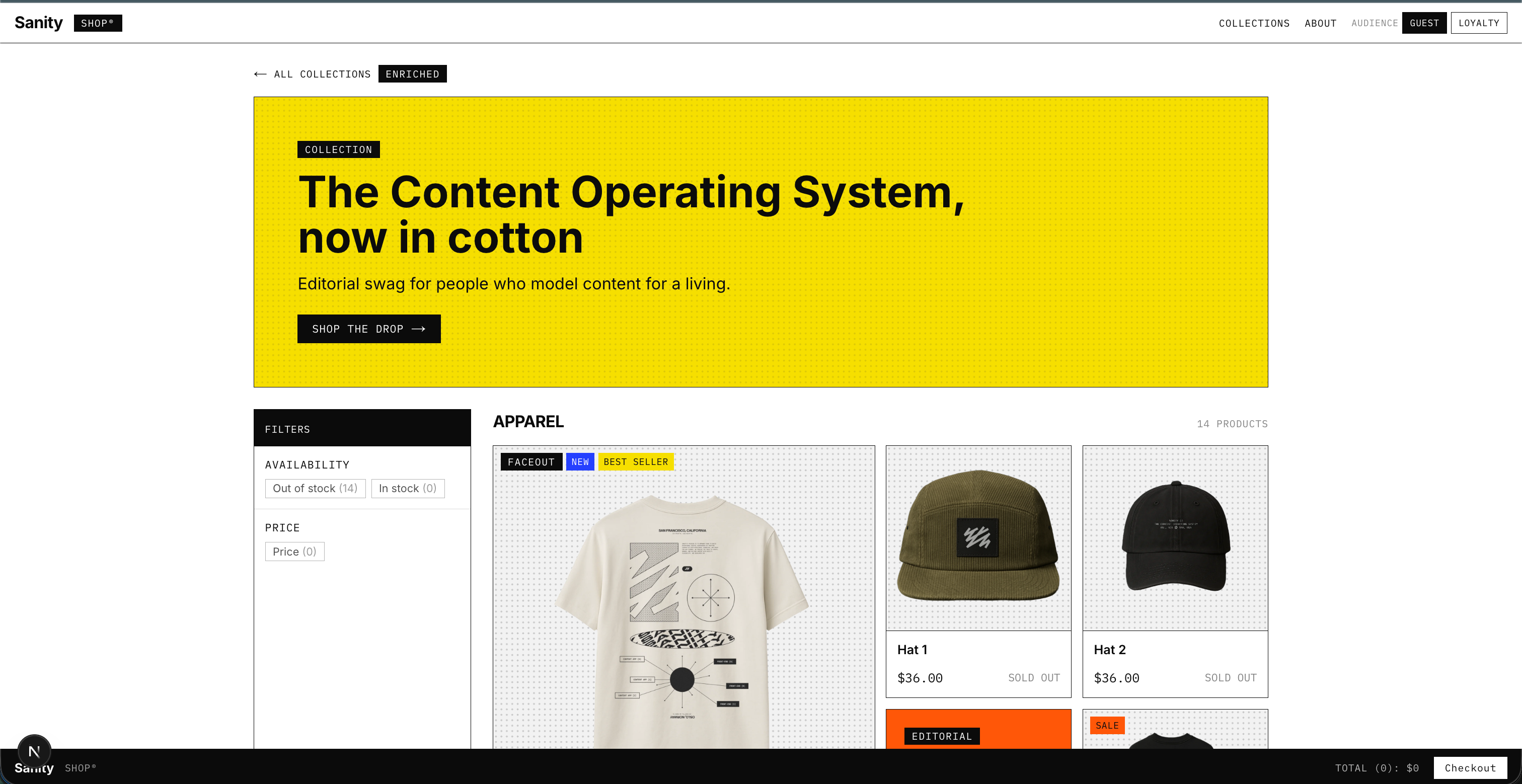 Sanity Shop's apparel e-commerce page with a yellow banner reading 'The Content Operating System, now in cotton' and showcasing sold-out hats.