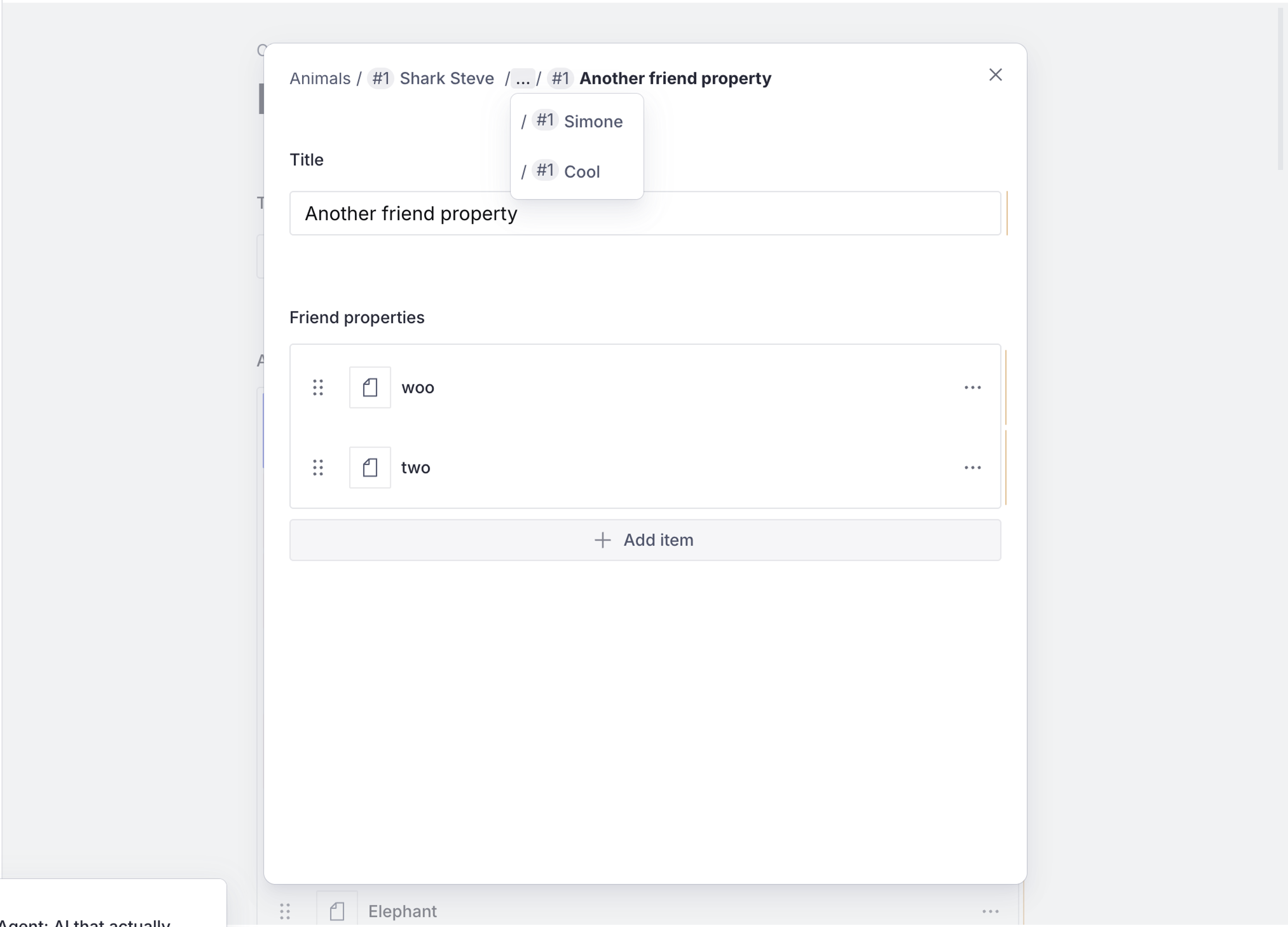 Image of a modal with breadcrumbs on header with titles and inputs for the body