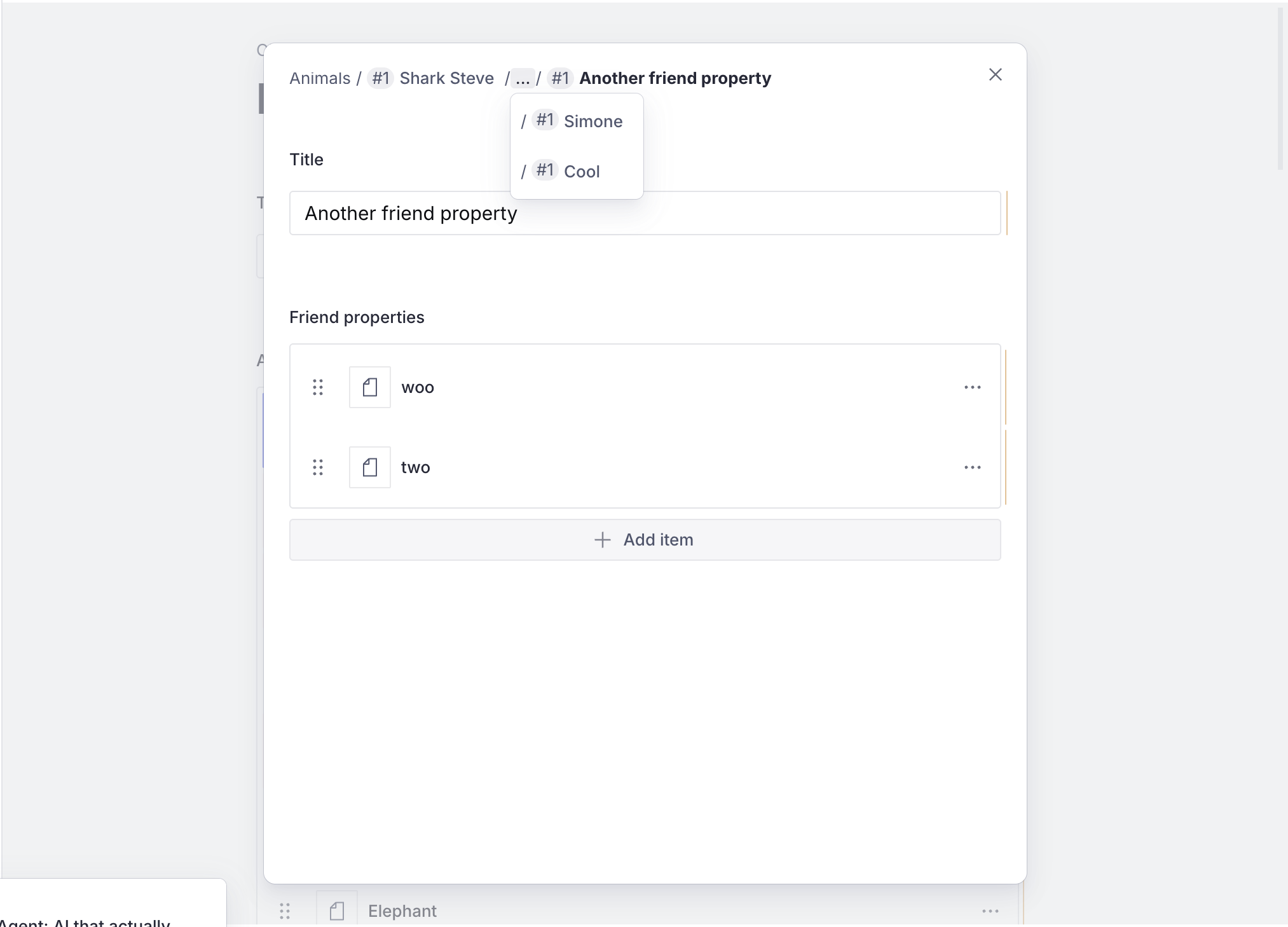 Image of a modal with breadcrumbs on header with titles and inputs for the body