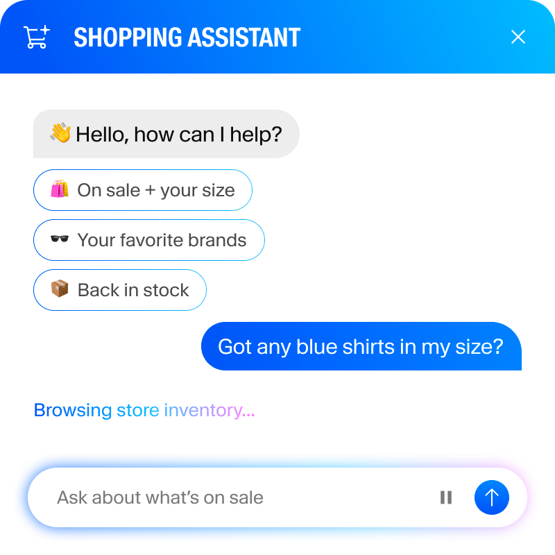 A shopping assistant chat interface showing a user asking for blue shirts and suggested search options.