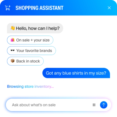 A shopping assistant chat interface showing a user asking for blue shirts and suggested search options.