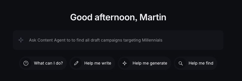 AI assistant interface with a search prompt to find marketing campaigns targeting Millennials.