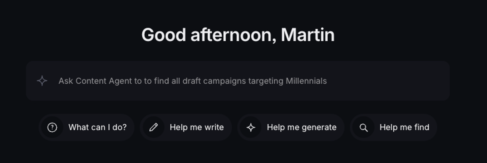 AI assistant interface with a search prompt to find marketing campaigns targeting Millennials.