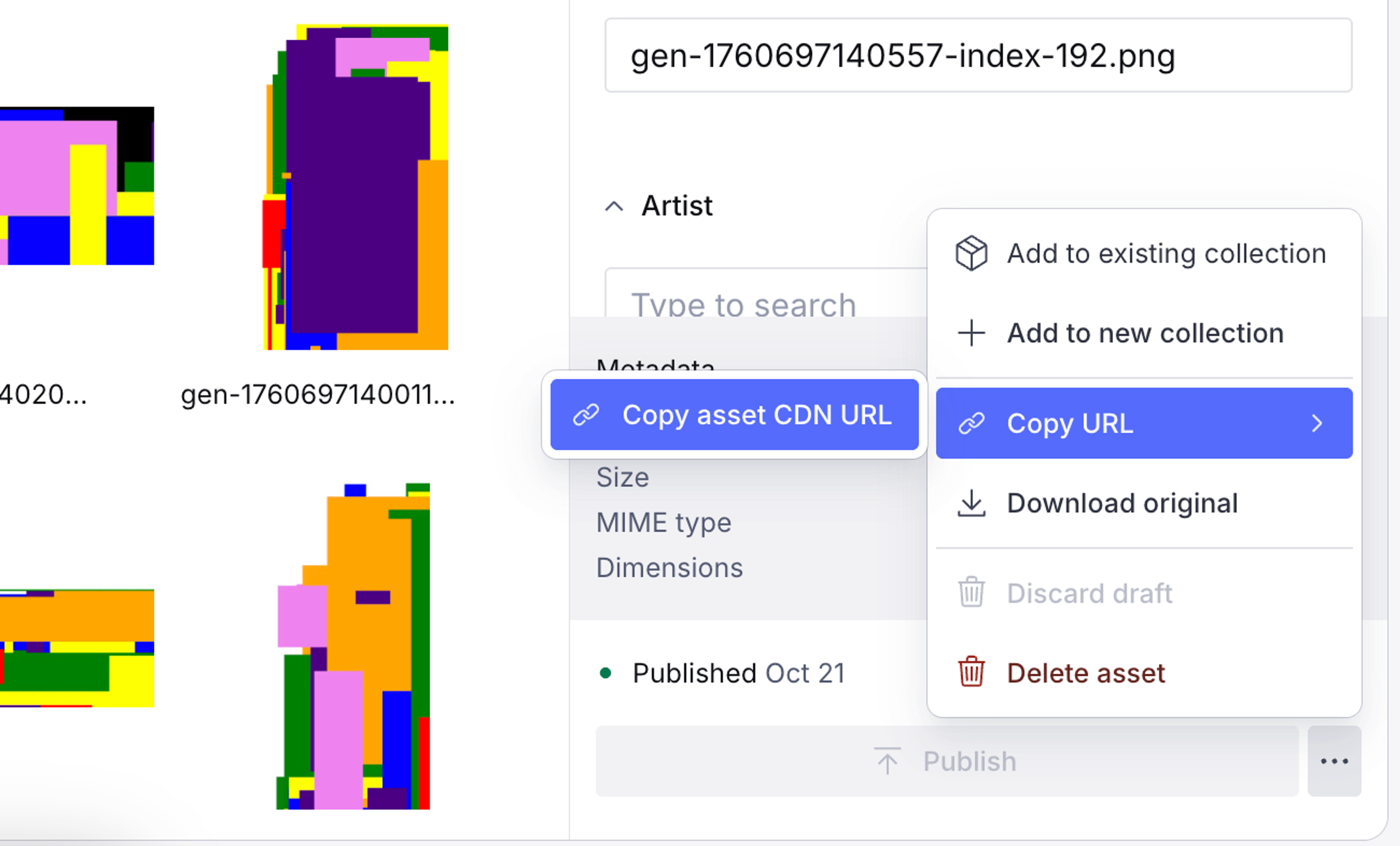 Screenshot of an asset management interface with abstract colorful thumbnails and a menu showing options to copy asset URLs.