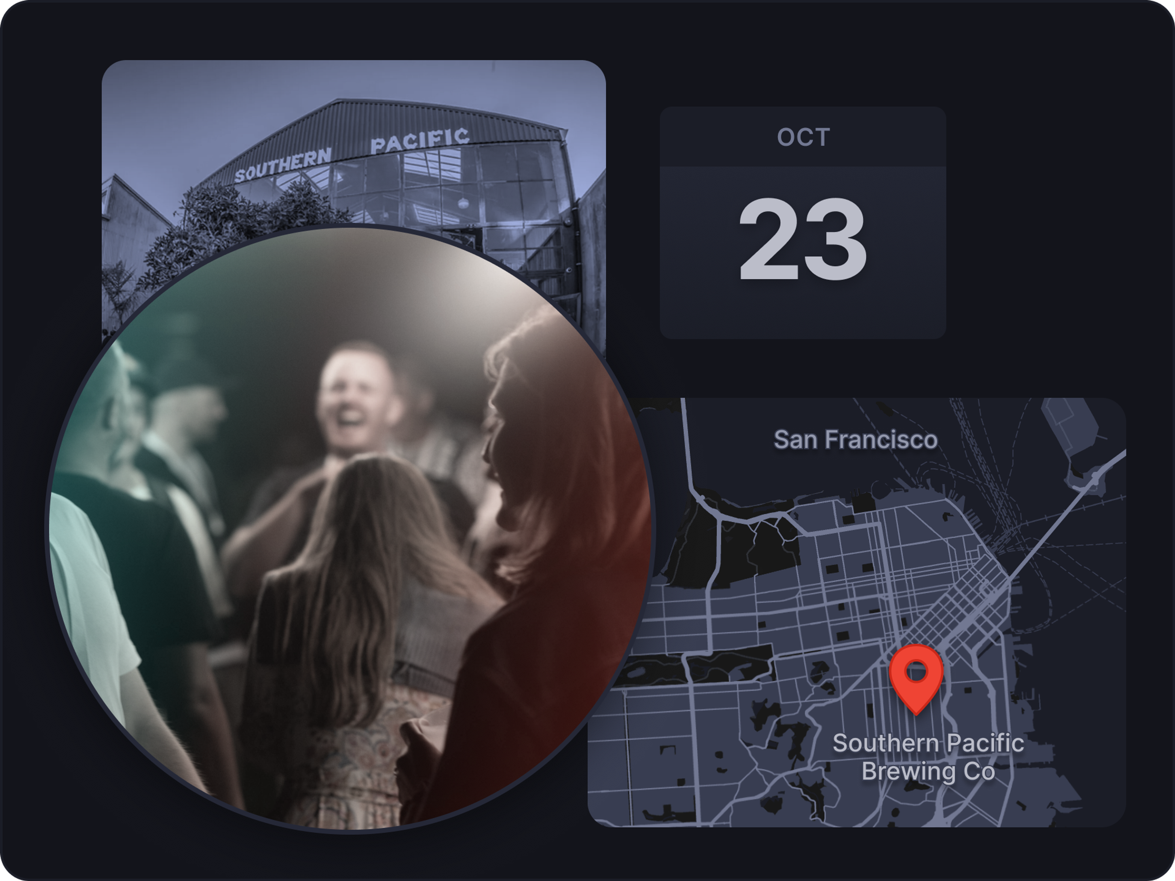 Composite graphic showing people at a party, a map and a calendar with the date Oct 23th