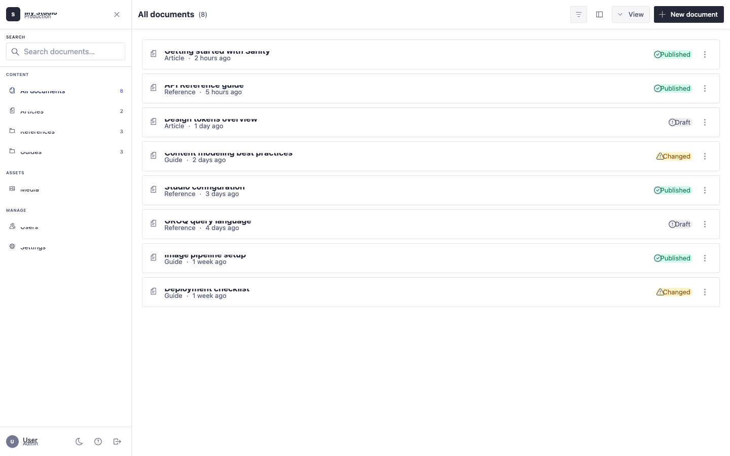 Screenshot of a document management dashboard displaying a list of various documents (articles, references, guides) with their status (published, draft, changed) and creation/update times, alongside a left navigation panel.