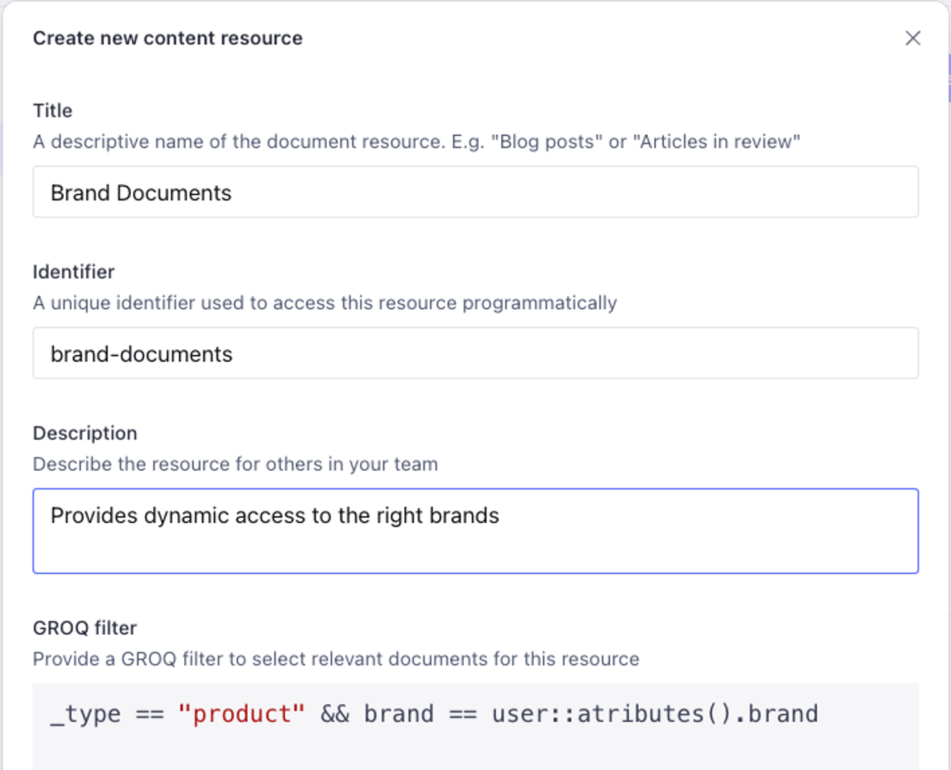 Create new content resource form for "Brand Documents" with a GROQ filter.