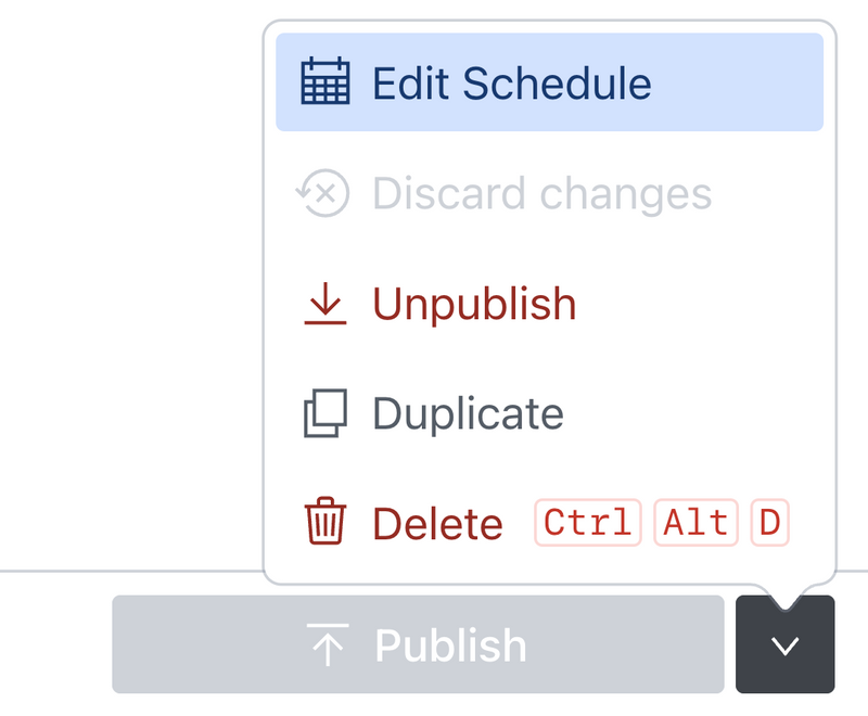 A Sanity Studio editing UI with document actions opened and edit schedule selected