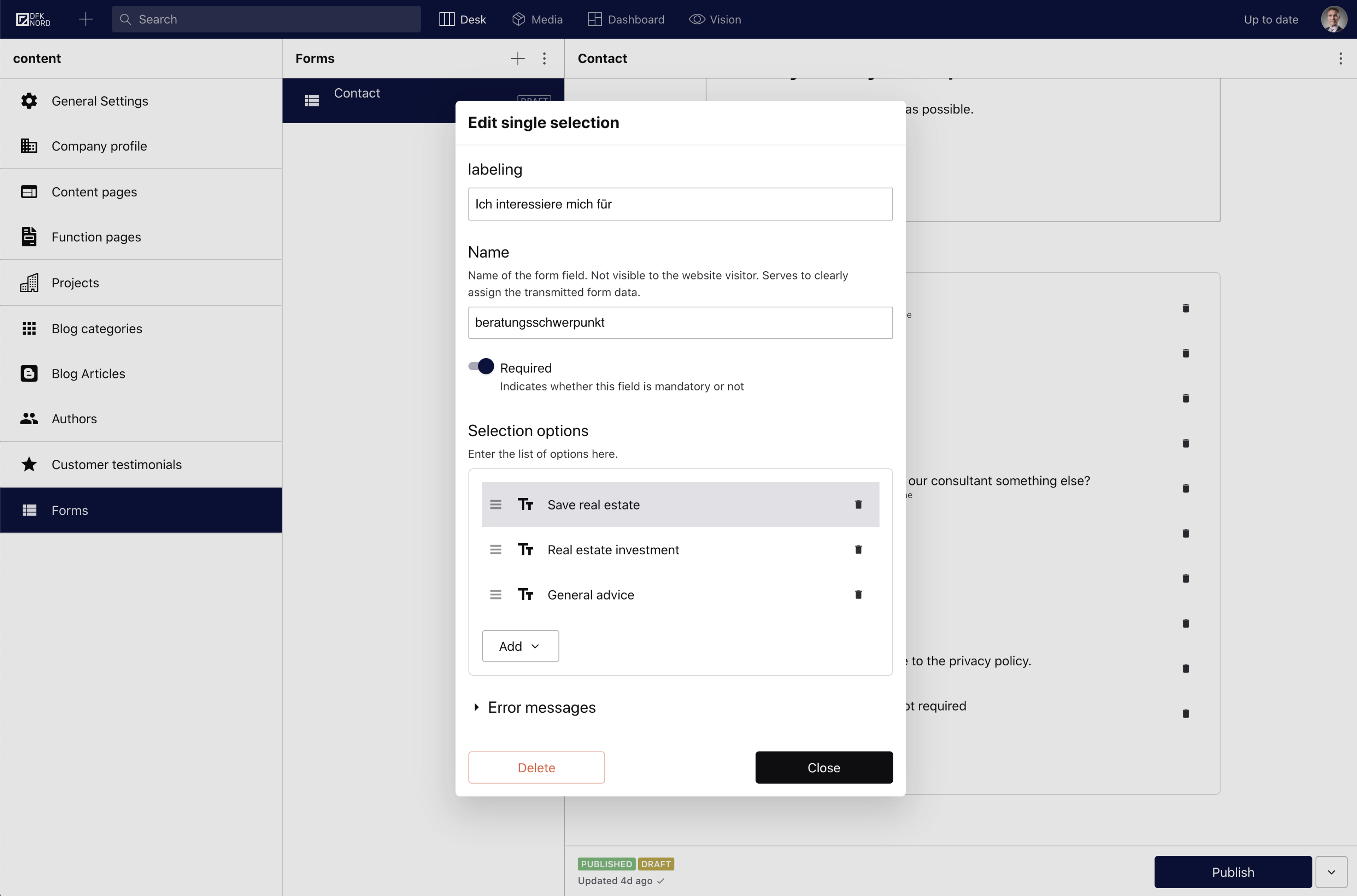 A form for fields within Sanity Studio