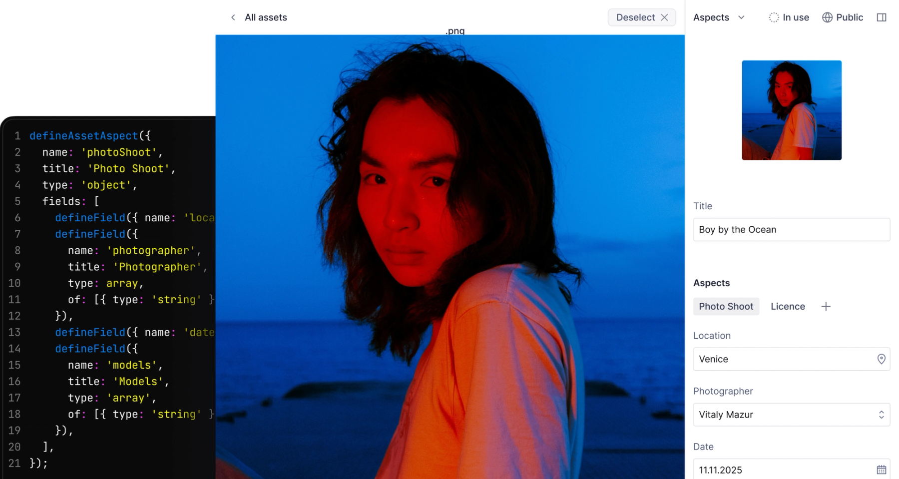 Software interface showing a code editor, a large image of a person lit with red and blue light, and asset metadata fields including 'Title: Boy by the Ocean' and 'Location: Venice'.