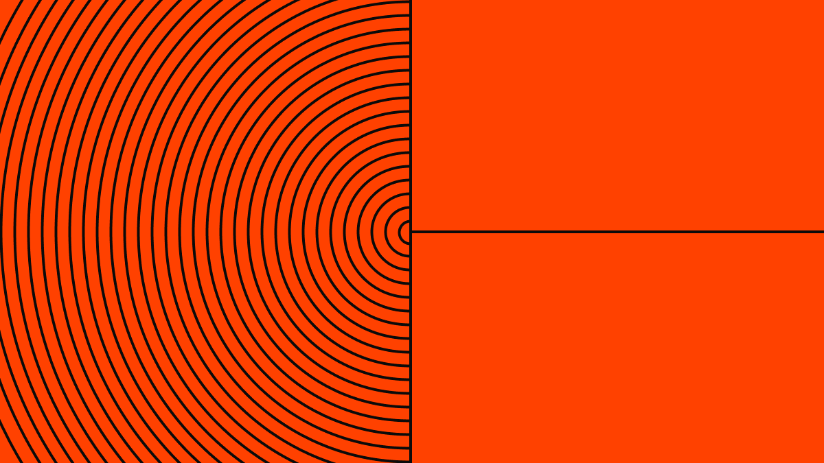 Geometric abstract image with an orange background. Black concentric semicircles fill the left half. The right half is solid orange, divided by a horizontal black line that extends to the outermost semicircle.