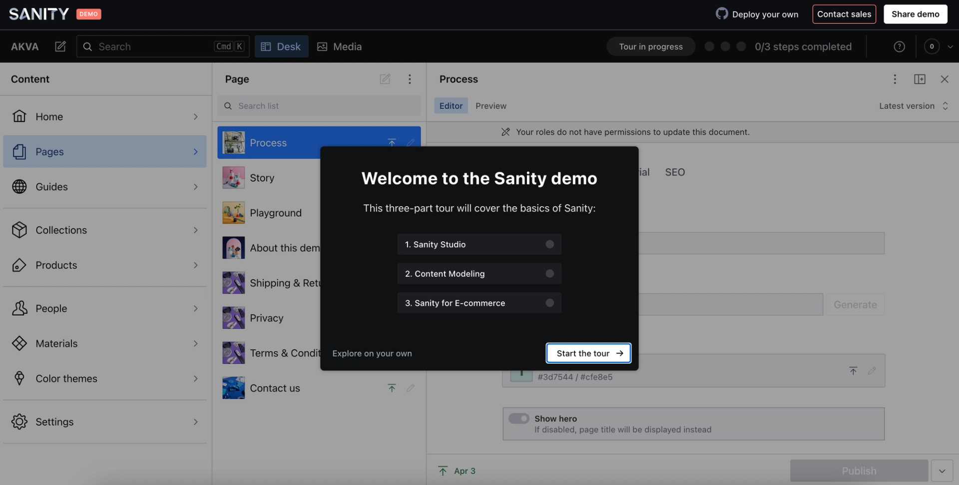 A screenshot of the Sanity Studio product tour