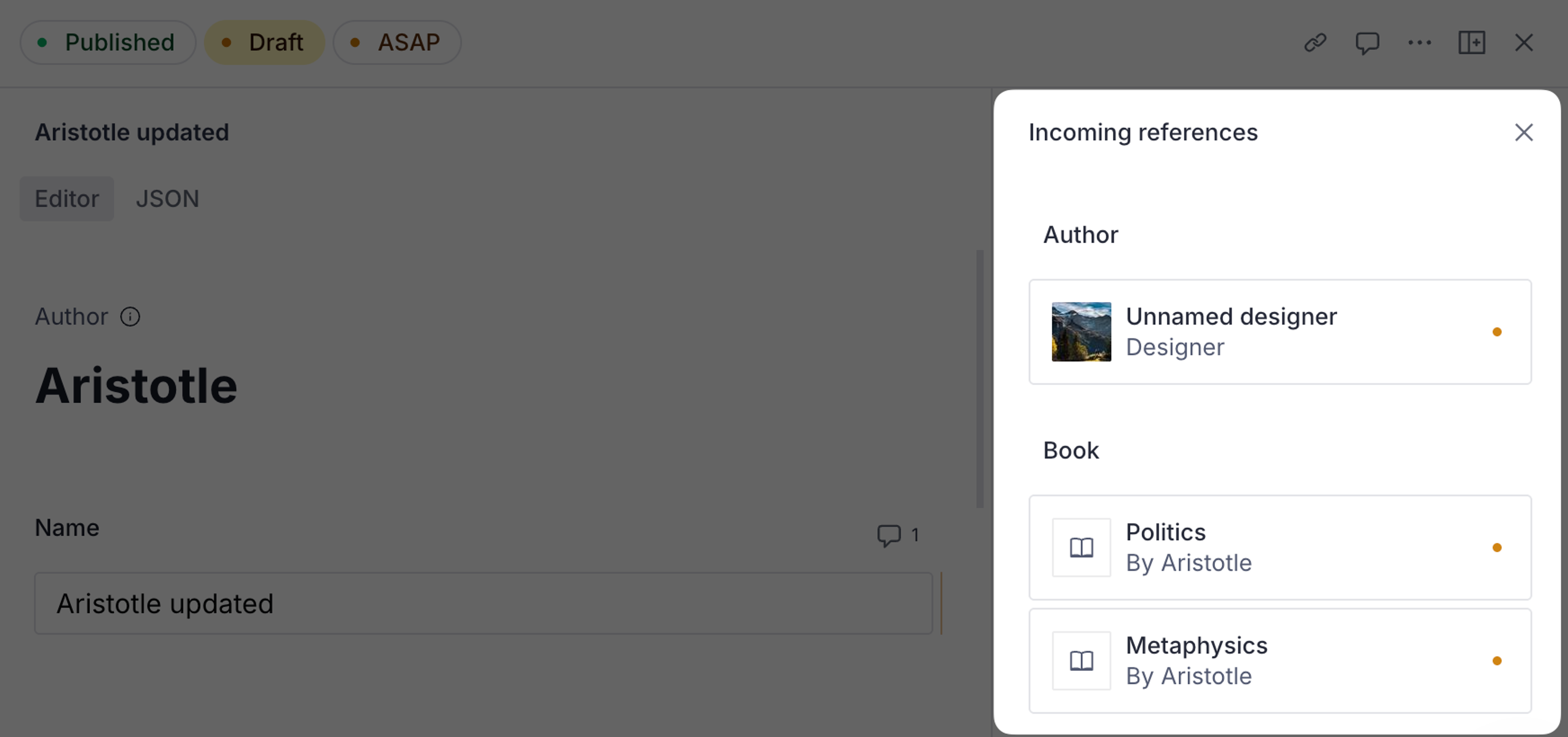 A user interface displays an "Aristotle" entry being edited, alongside a sidebar titled "Incoming references" listing an author and books "Politics" and "Metaphysics" by Aristotle.
