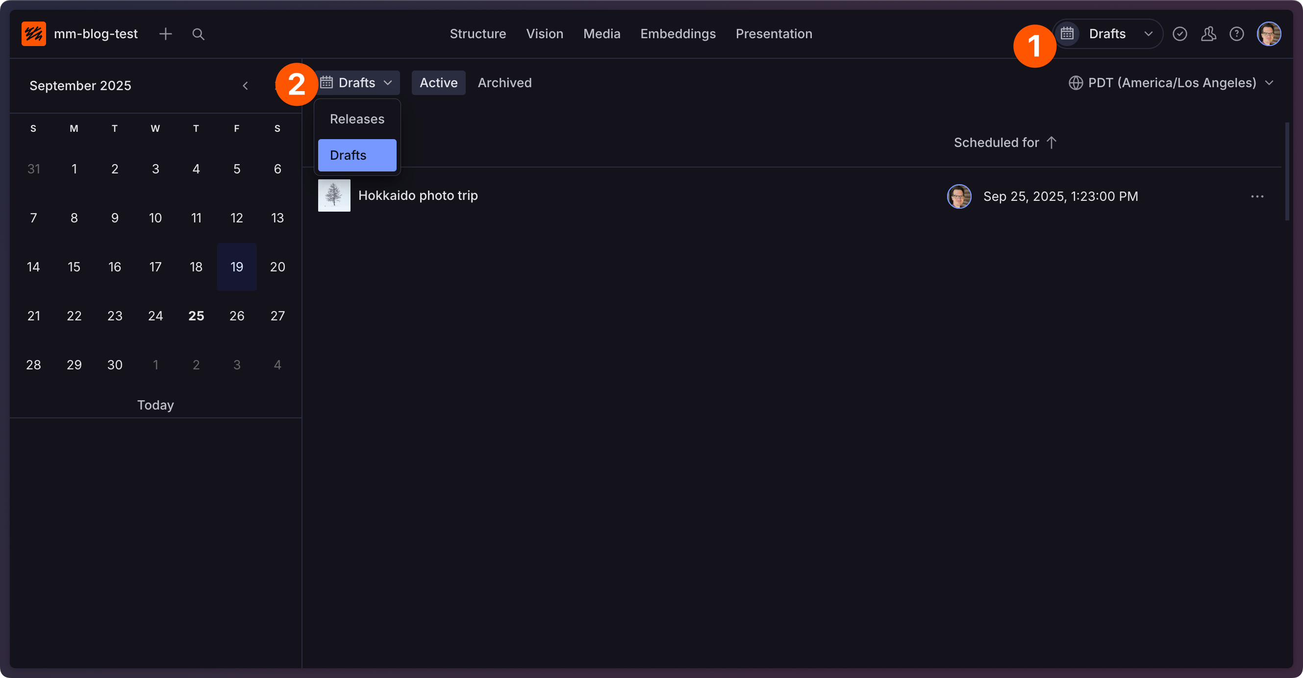 a screenshot of Studio that shows the scheduled draft view
