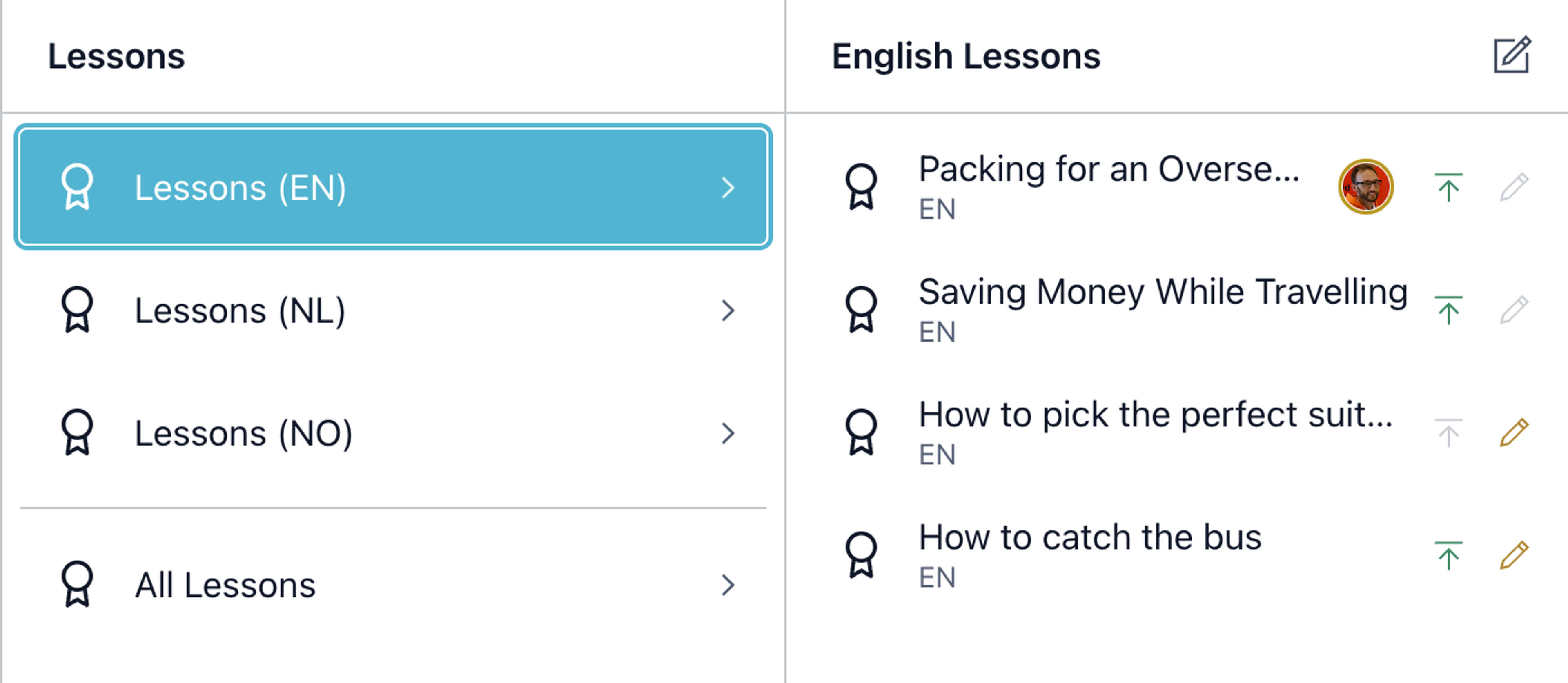 Filtered document lists for authors to quickly find documents of a specific language