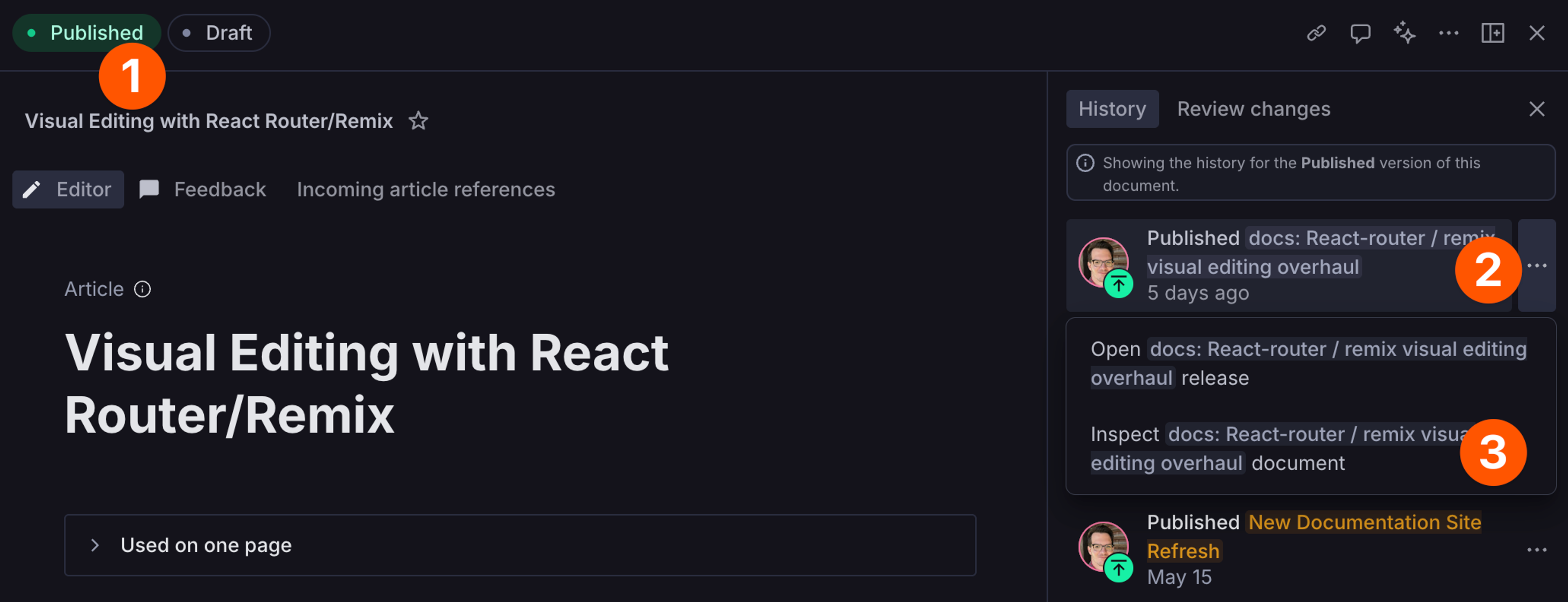 Screenshot of the history interface highlighting the previous steps.
