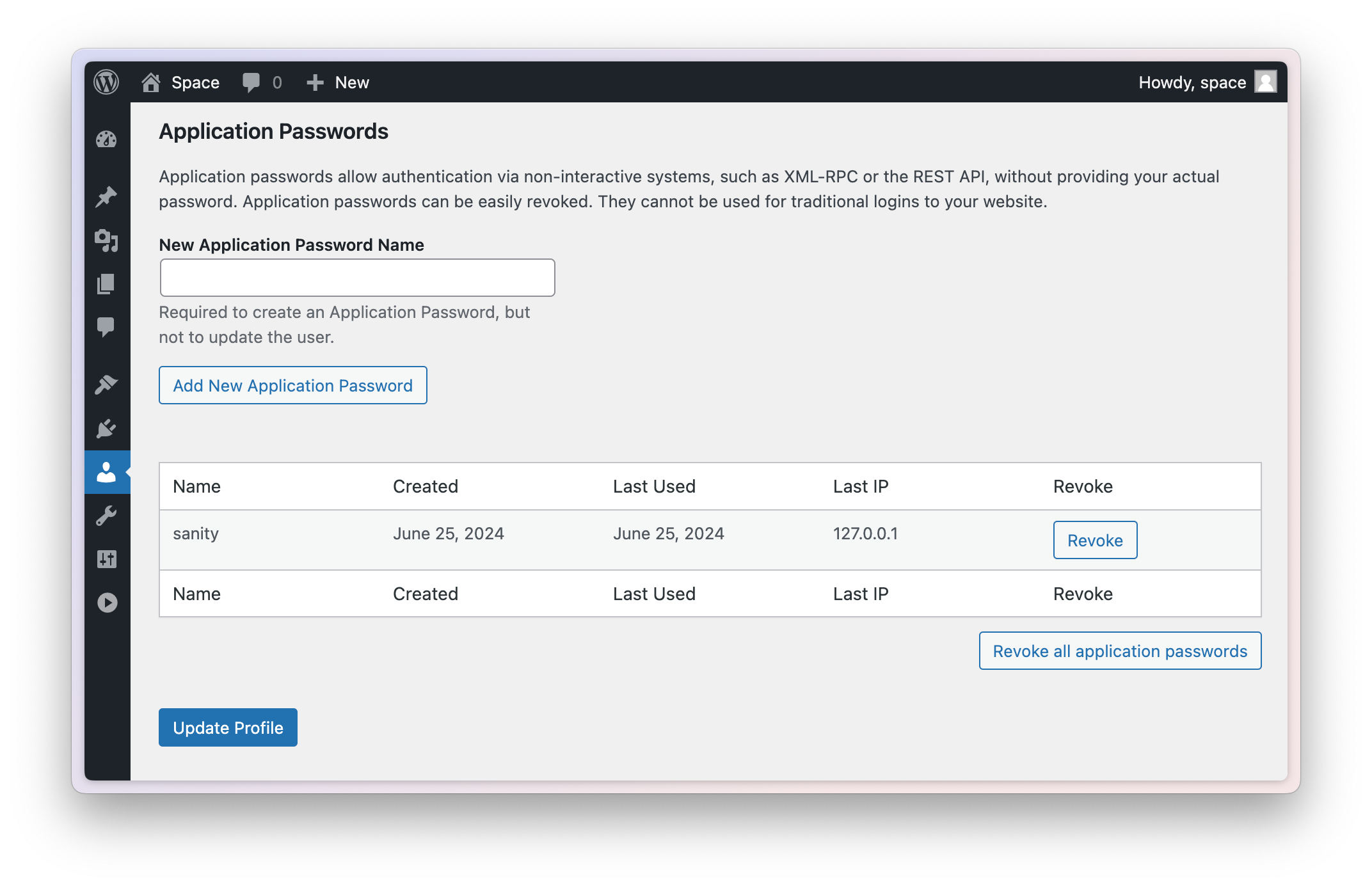 WordPress dashboard showing application passwords