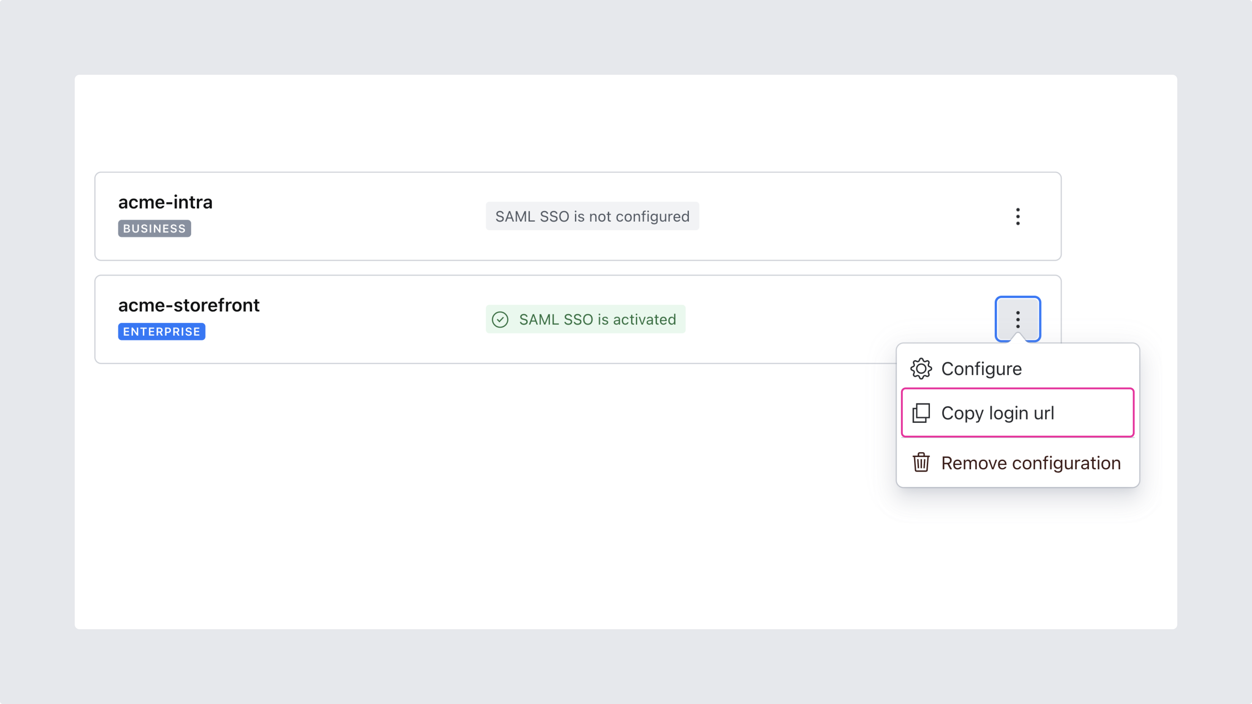 The project-specific SAML SSO login URL shown in Sanity Manage.