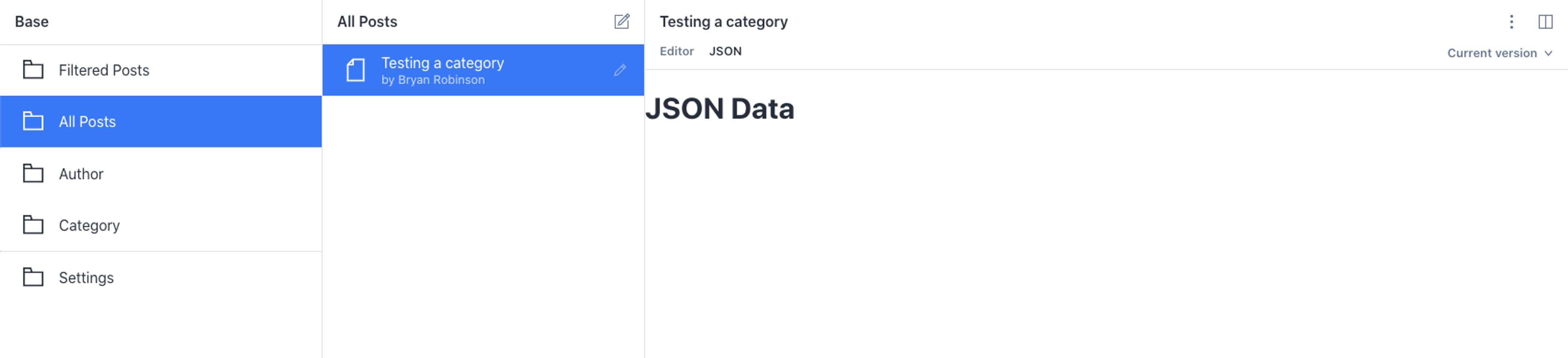 UI displaying "All Posts" with "Testing a category" selected, showing "JSON Data".