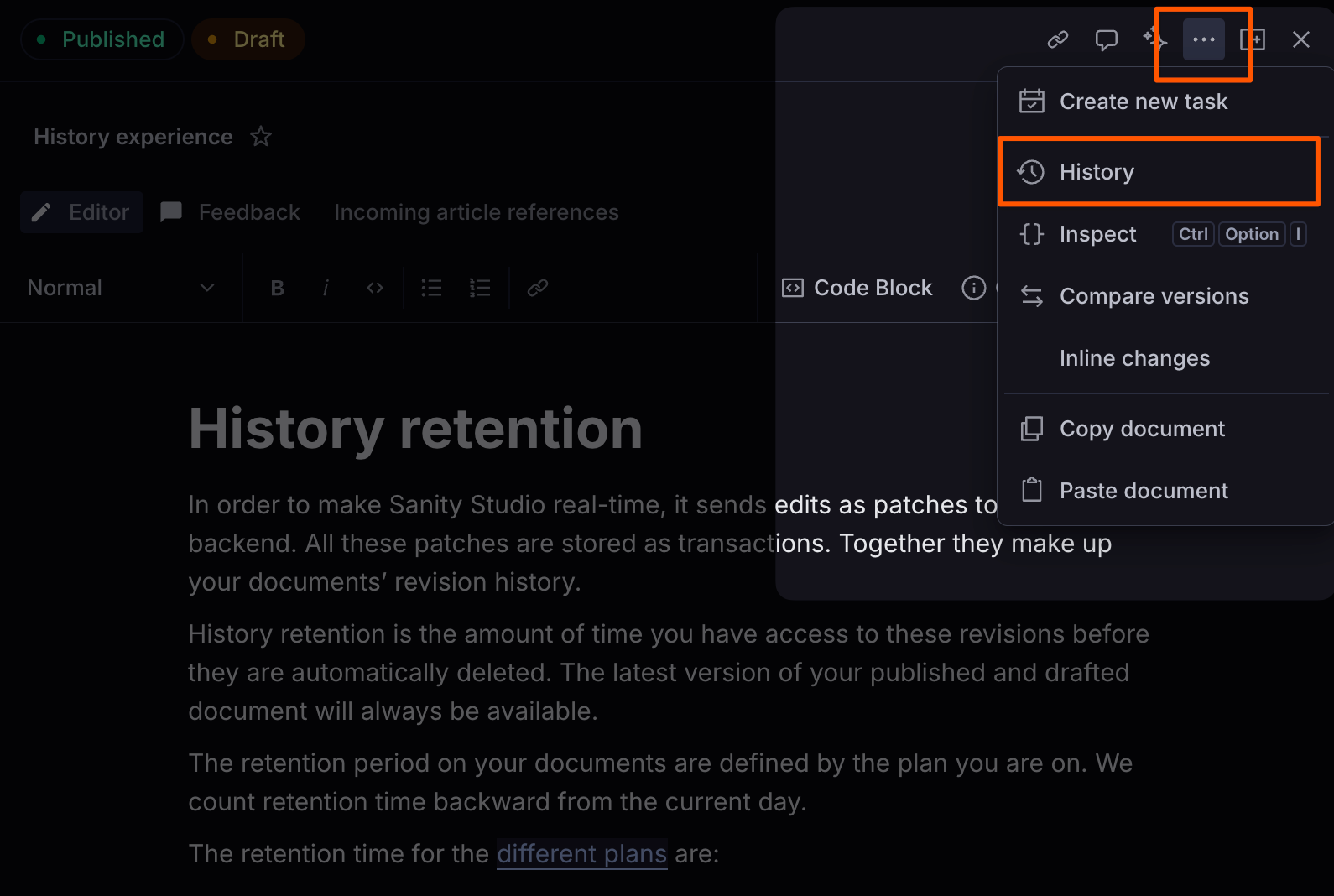 The document editor in the studio showing the context menu with the links for opening document revision history highlighted.