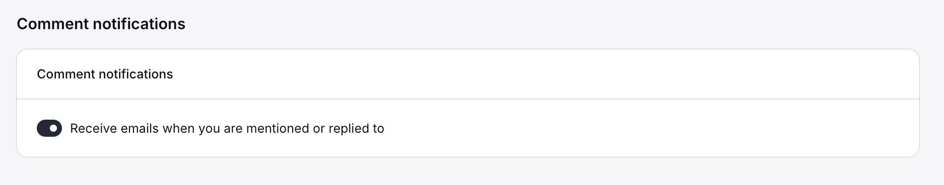 The Comment notifications section of account settings, with a toggle labeled Receive emails when you are mentioned or replied to