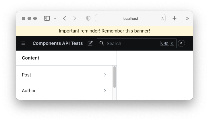 Shows a Studio navbar customized to display a yellow background banner on top that says "Important reminder! Remember this banner!"
