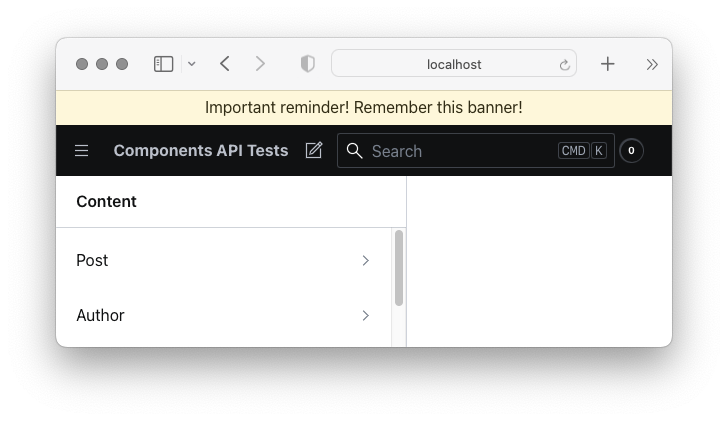 Shows a studio navbar customized to display a yellow background banner on top that says “Import reminder! Remember this banner”