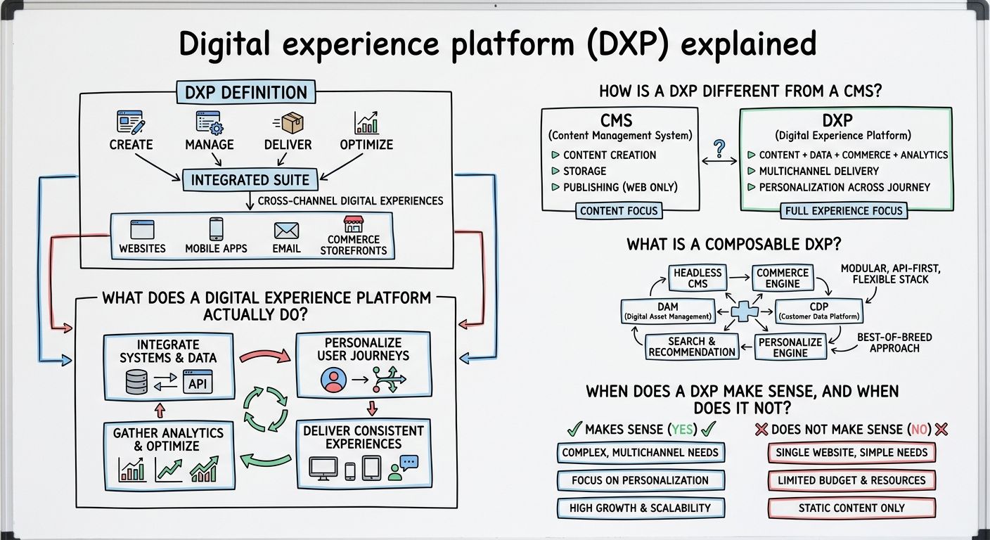 A diagram explaining Digital experience platform (DXP) in terms of related concepts.