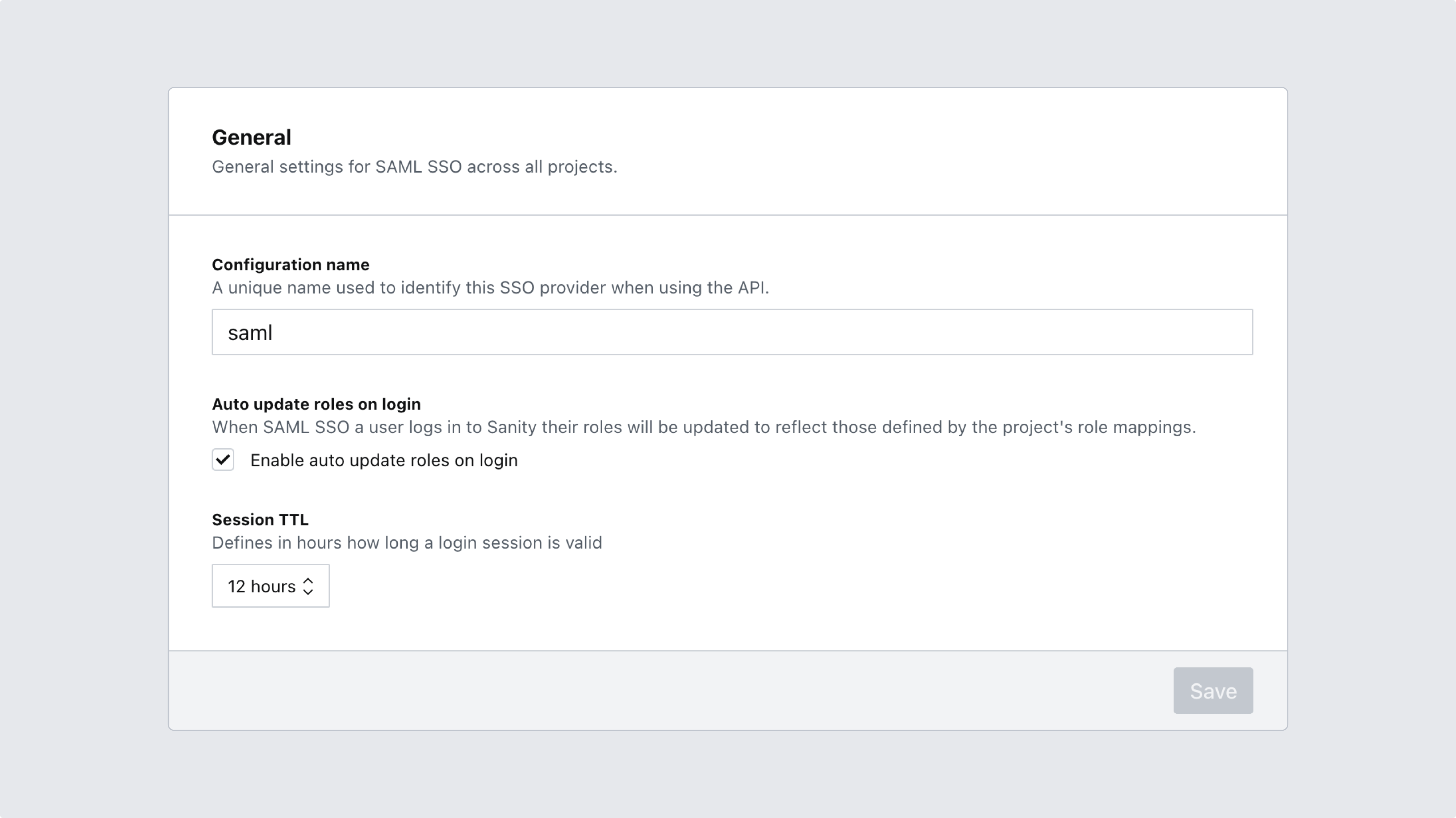 The “General settings for SAML SSO across all projects” section in Sanity Manage, with options for “Configuration name”, “Auto update roles on login”, and “Session TTL”.