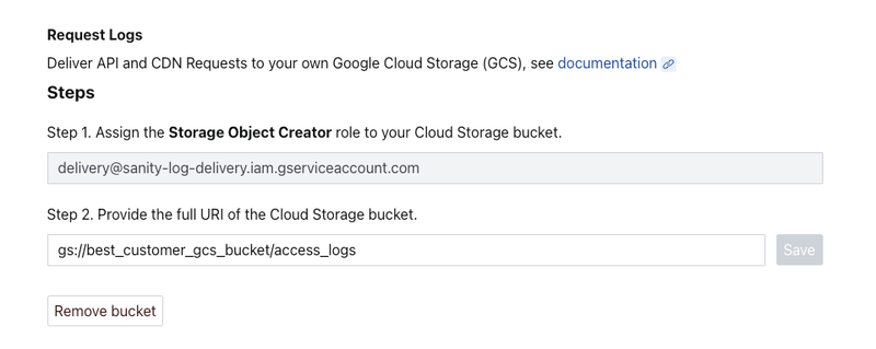 Shows the interface for entering your details for log delivery in the Sanity project management area