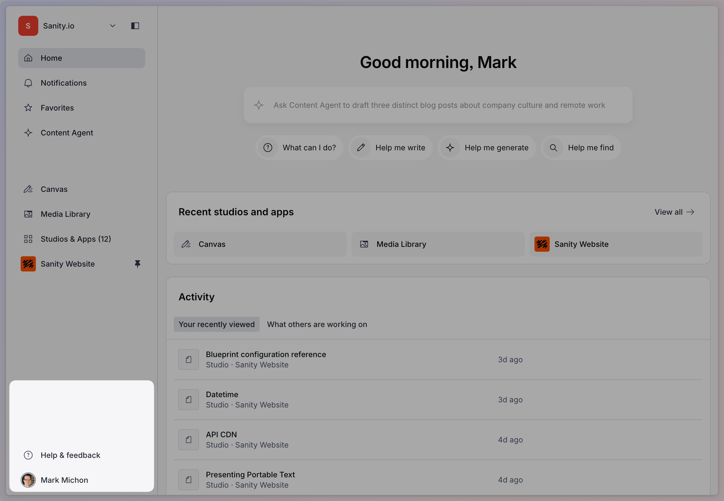 The dashboard with the bottom of the left sidebar highlighted, showing account settings and the help and feedback link.