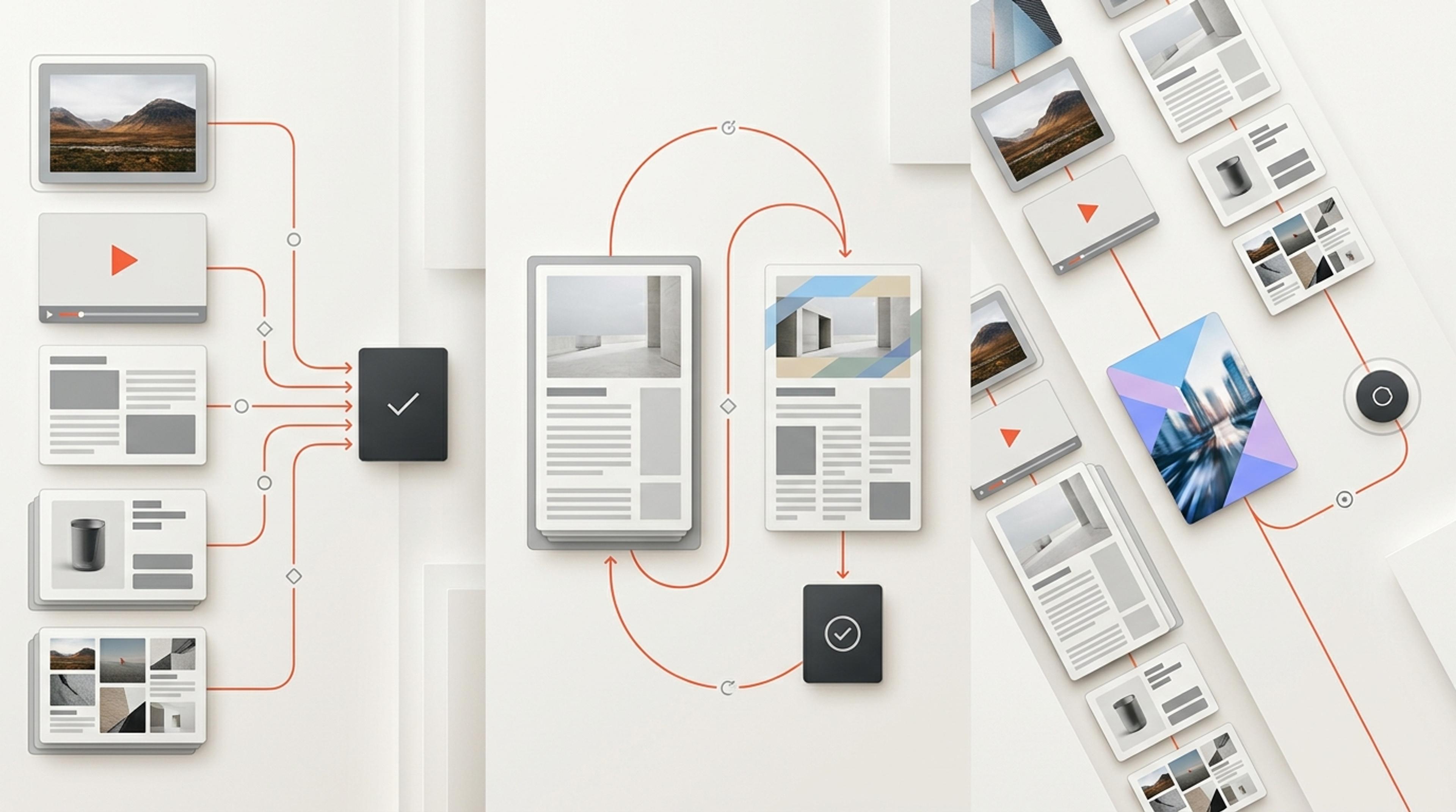 Editorial operations across commerce, public information, cultural collections, and automated product content connect through shared workflow state.