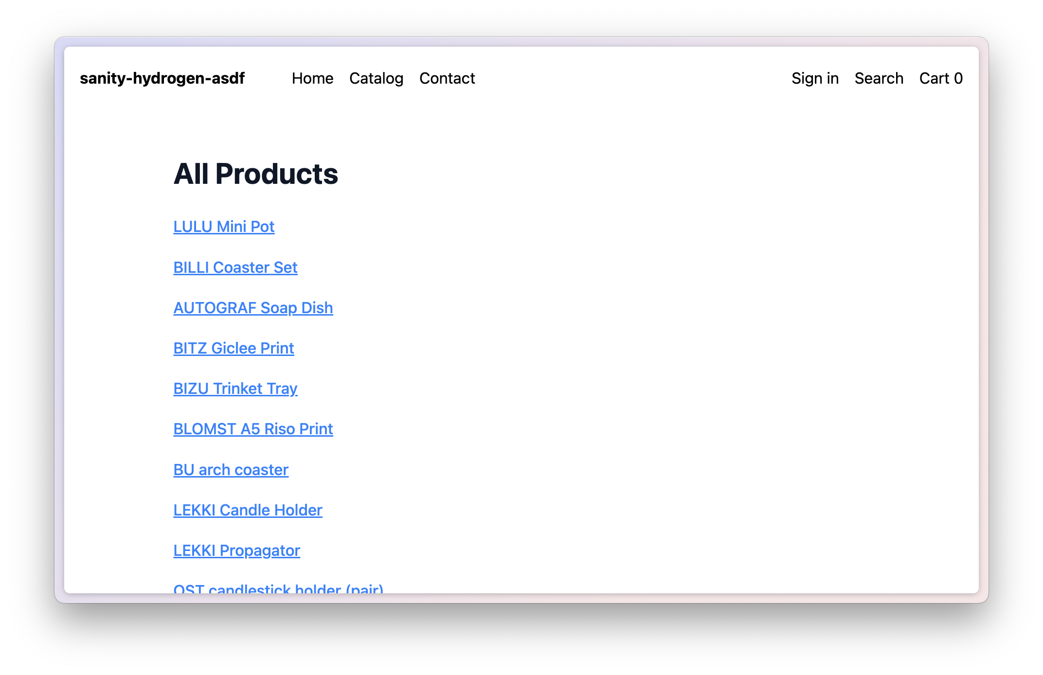 Products index page showing products from Shopify