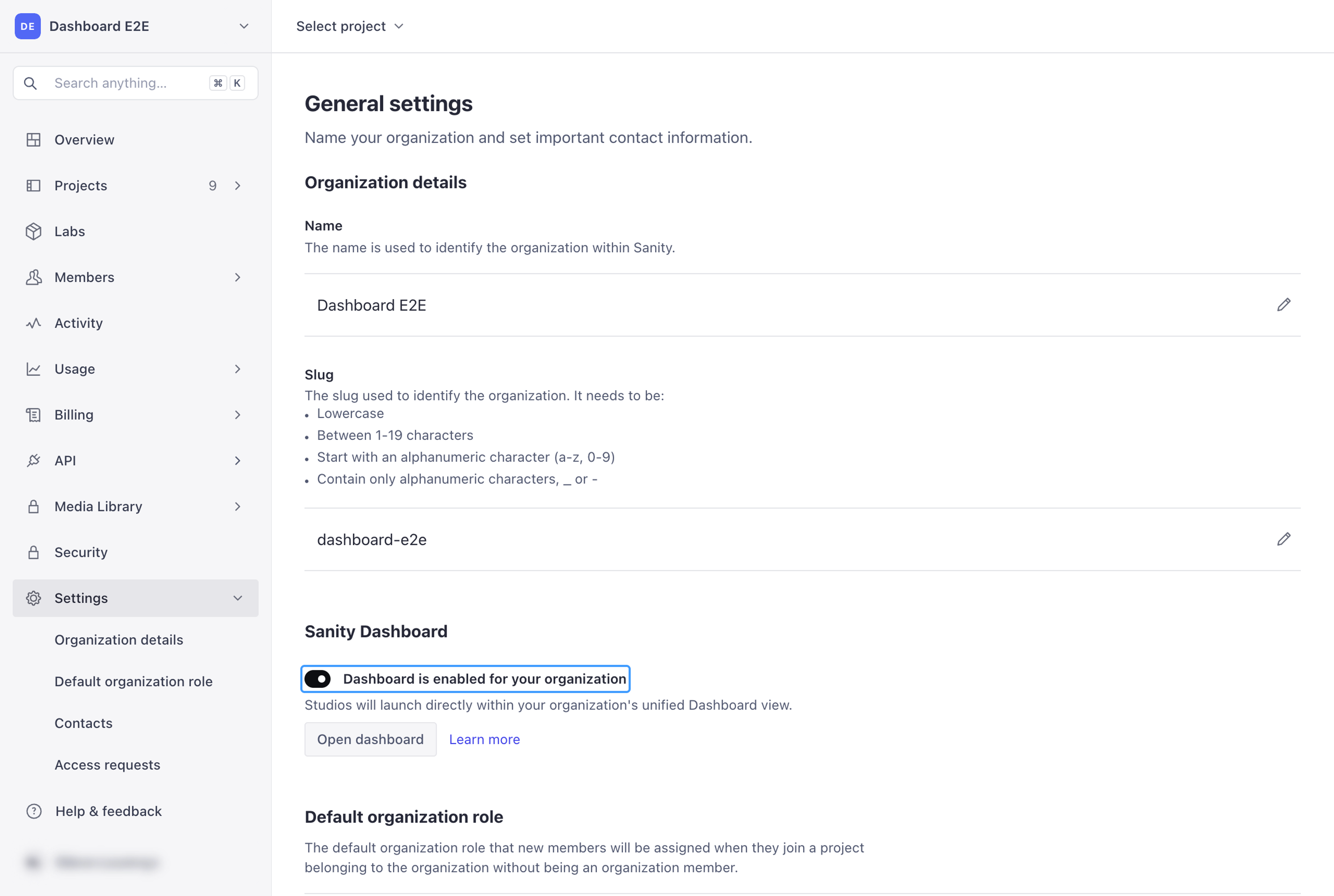 Organization Settings in Sanity Manage, with Settings selected in the sidebar and the Dashboard is enabled for your organization switch highlighted.