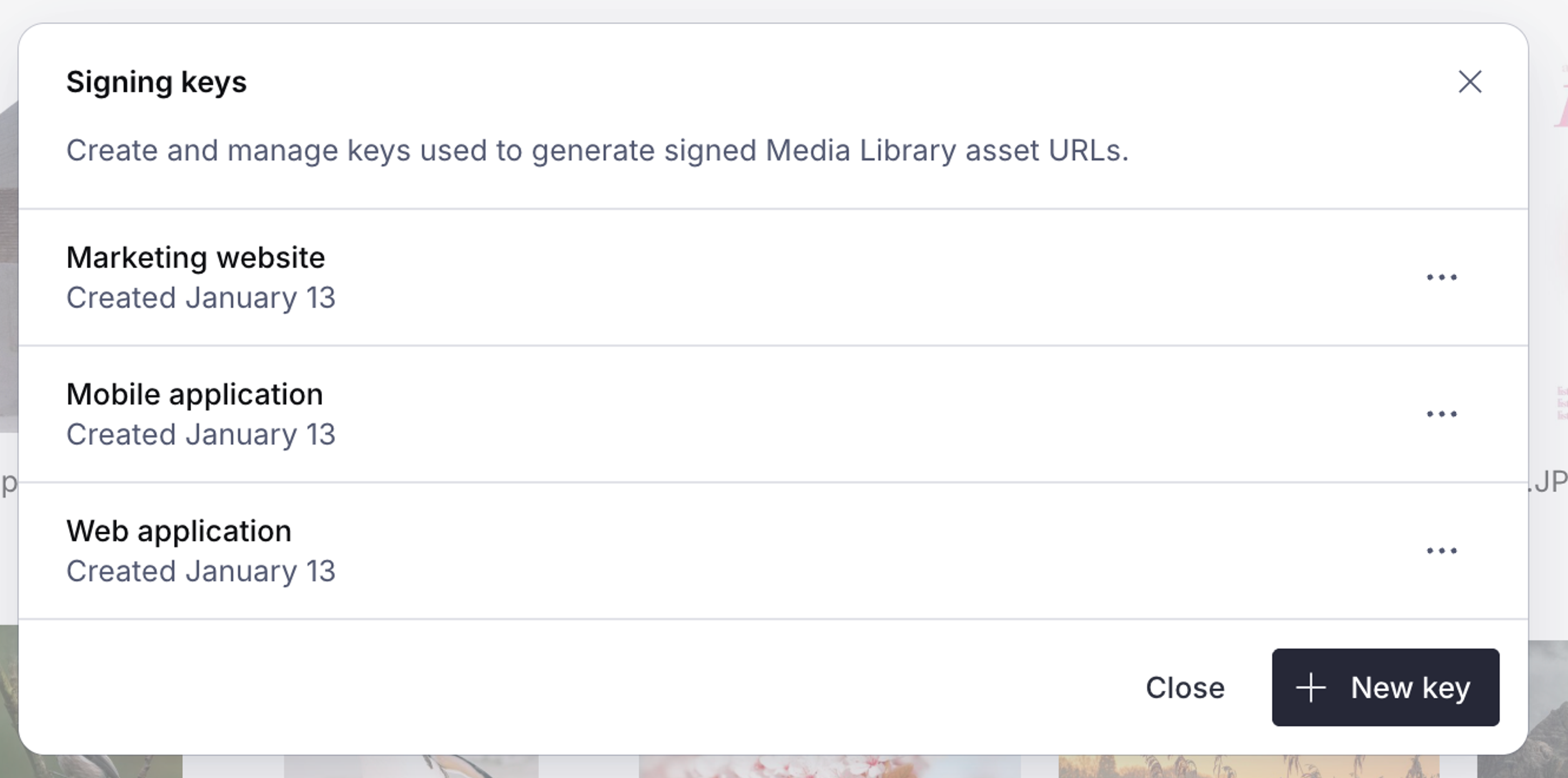 A 'Signing keys' modal window listing marketing, mobile, and web application keys, with 'Close' and 'New key' buttons.