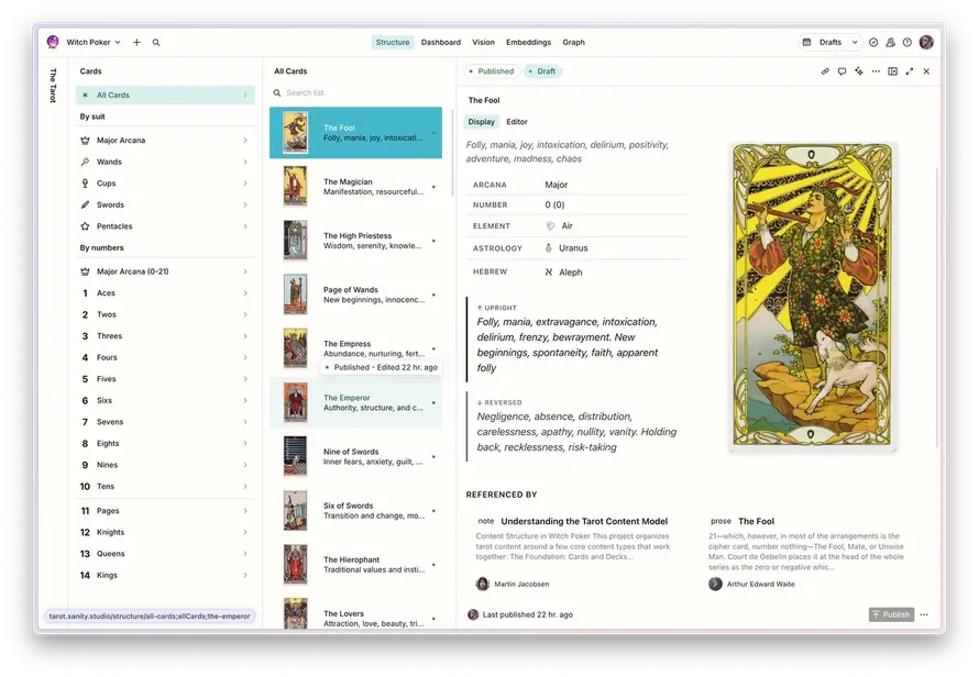 A screen displaying a Tarot card management application with "The Fool" card selected, showing its image, details, and upright/reversed meanings, next to a list of other cards.