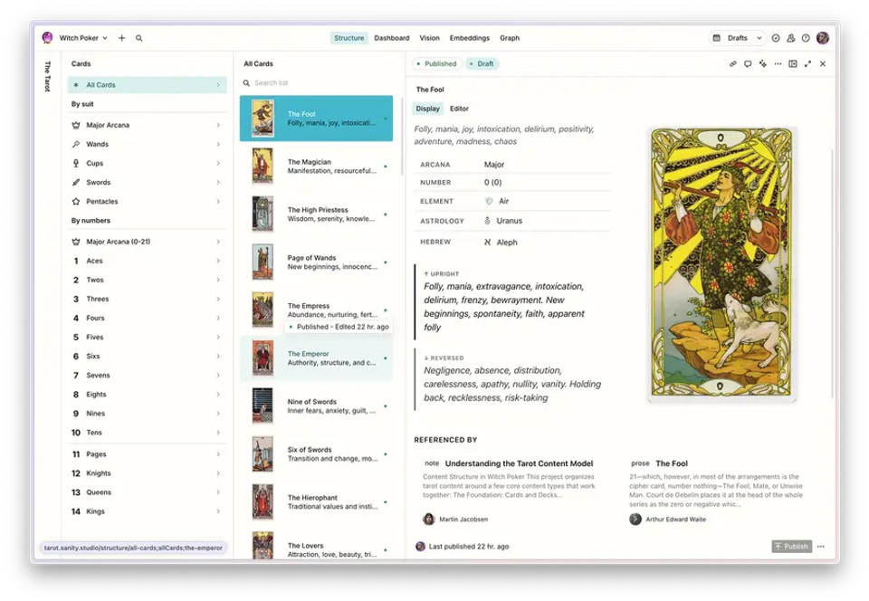 A screen displaying a Tarot card management application with "The Fool" card selected, showing its image, details, and upright/reversed meanings, next to a list of other cards.