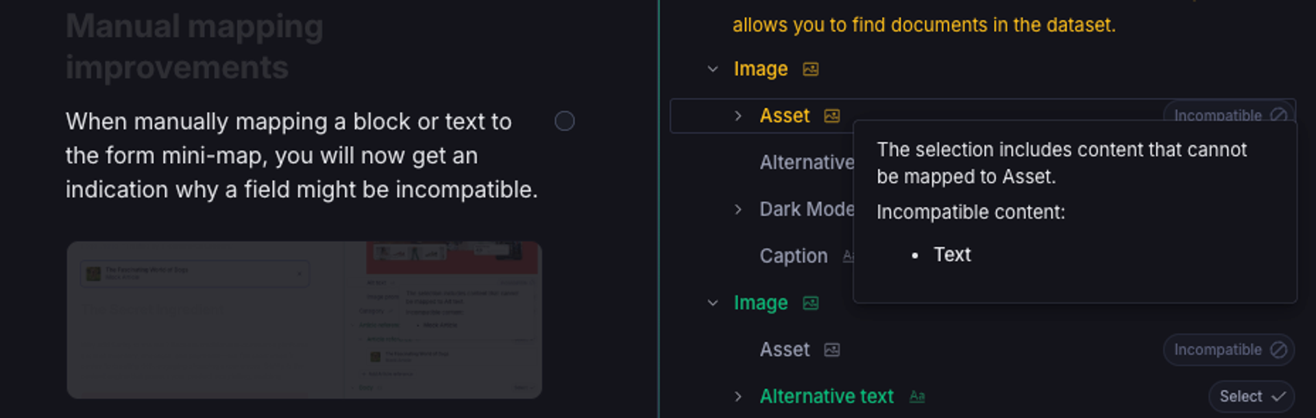 show a tooltip in the studio form mini-map of why the selected content is incompatible with a field