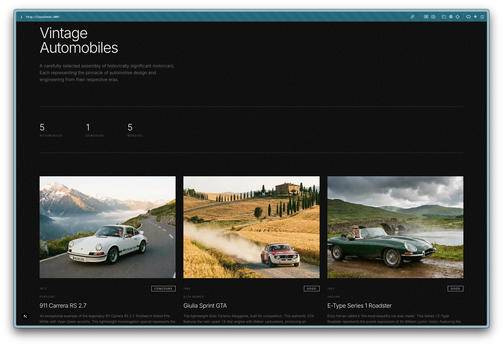 A webpage featuring three vintage cars: a white Porsche, an Alfa Romeo, and a green Jaguar, each with descriptions.